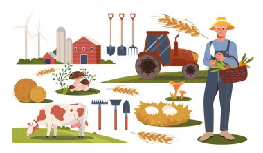 Ekipmanlı tarım işçisi. Elinde taze meyve sepeti, traktör, çiftlik hayvanı ve tırmıklı küreklerle yaşlı bir adam. Çiftçilik ve tarım. Düz vektör koleksiyonu beyaz arkaplanda izole edildi