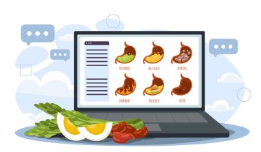 Laptopun yanında sağlıklı yiyecekler. Bilgisayarın yanında marullu yumurta ve domates parçaları. Düzgün beslenme ve beslenme. İnternette beslenme danışmanı. Düz vektör çizimi beyaz arkaplanda izole edildi