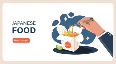 Japon yemek posteri. Çubuklu karakterler ramen yer. Geleneksel Asya ve Kore mutfağı. Çorba ve erişte karton kutuda. İniş sayfası tasarımı. Düz vektör illüstrasyonu