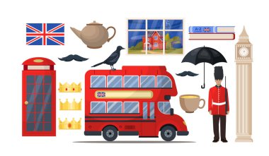 Bir dizi Londra elementi. Telefon kulübesi, kırmızı otobüs, silahlı devriye, bayrak ve Big Ben. Büyük Britanya ve Birleşik Krallık manzaraları. Düz vektör koleksiyonu beyaz arkaplanda izole edildi