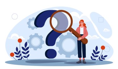 Soru işareti olan bir kadın. Kocaman soru işaretinin yanında büyüteç taşıyan genç bir kız. Eğitim ve eğitim. Bilgi ve bilgi. Düz vektör çizimi beyaz arkaplanda izole edildi