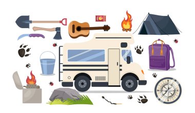 Kamp seti. Kamyon, kova, ateş ve çadır. Aktif yaşam tarzı, seyahat ve seyahat. Yürüyüş ve kamp. Gezginler ve turistler için ekipman. Düz vektör koleksiyonu beyaz arkaplanda izole edildi