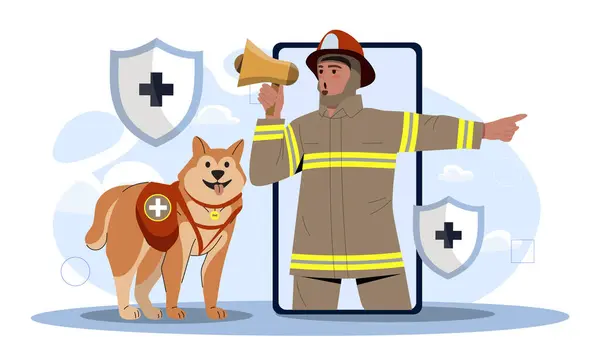 stock vector Rescuer online service. Man in uniform with loudspeaker on smartphone screen. Safety and emergency support. Rescuer and firefighter. Flat vector illustration isolated on white background