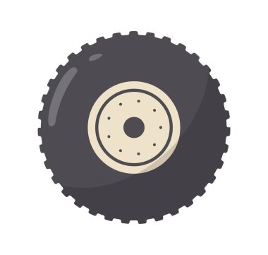 Araba sürme elemanı. Siyah otomobil tekerleği. Onarım, modernizasyon ve akort. Araba ve araçların parçaları. Web sitesi için grafik ögesi. Düz vektör çizimi beyaz arkaplanda izole edildi