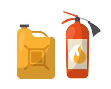 Araba sürme elemanı. Benzin ve yangın söndürücü. Nakliye ve araç için yakıt. Otomobil ve araba. Sosyal ağlar için etiket. Düz vektör çizimi beyaz arkaplanda izole edildi