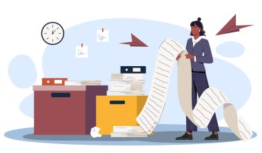 Geniş listeli bir iş kadını. Borçlu ya da görevleri olan takım elbiseli bir kadın. Zaman yönetimi, iş akışı organizasyonu, planlama. Düz vektör çizimi beyaz arkaplanda izole edildi