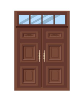 Evden eve giriş kapısı. Mimarlık ve mühendislik. Özel mülk ve gayrimenkul. Tahta kahverengi eve ya da ofise girer. Poster ya da afiş. Düz vektör çizimi beyaz arkaplanda izole edildi