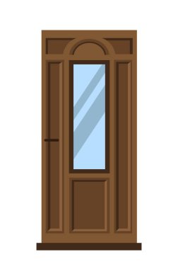 Evden eve giriş kapısı. Mimarlık ve mühendislik. Özel mülk ve gayrimenkul. Tahta kahverengi eve ya da ofise girer. Şablon ve düzen. Düz vektör çizimi beyaz arkaplanda izole edildi