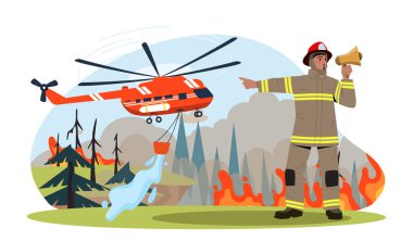 Yangın önleme konsepti. Üniformalı adam yanan ağaçları söndürmek için su hortumu kullanıyor. Helikopter ve kurtarma ekibi yangına karşı savaşıyor. Güvenlik ve koruma. Düz vektör illüstrasyonu