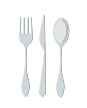 Mutfak eşyaları konsepti. Paslanmaz çatal, bıçak ve kaşık. Bulaşık takımı, mutfak aletleri, çatal bıçak takımı. Kafe ya da restoran ekipmanları. Düz vektör çizimi beyaz arkaplanda izole edildi