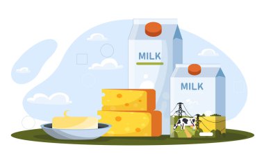 Organik süt ürünleri. Bir şişe süt, peynir ve yoğurt. Doğal ve organik taze süt ürünleri. Kalsiyum ve protein. Düz vektör koleksiyonu beyaz arkaplanda izole edildi