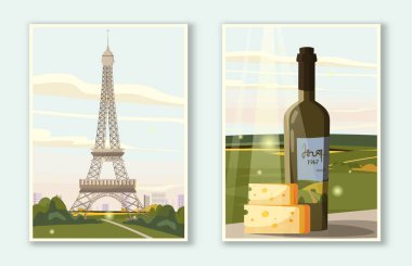 Paris posterleri. Eyfel Kulesi, bir şişe peynirli şarap. Fransa ve Paris. Tatil ve tatil. Seyahat ve turizm. Düz vektör koleksiyonu beyaz arkaplanda izole edildi
