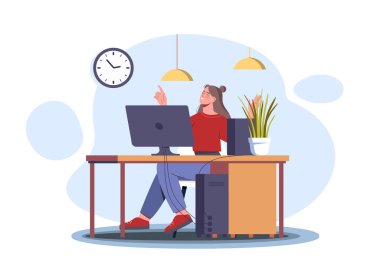 Freelancer uzaktan çalışıyor. Masasında bilgisayarlı bir kadın oturuyor. İnternette kazancı olan uzaktan çalışan bir işçi. İnternette çalışan bir kız. Poster ya da afiş. Düz vektör çizimi beyaz arkaplanda izole edildi