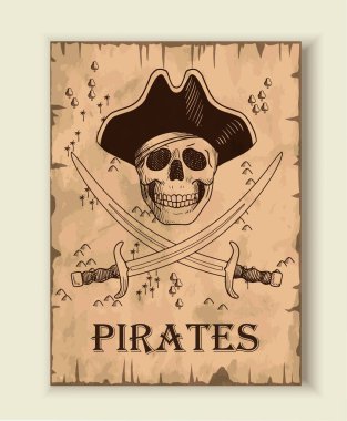 Korsanların el çizimi posteri. Kafatası şapkalı ve kılıçlı. Deniz yolculuğu, seyahat, macera. Korsan ve korsan. Broşür ya da kitapçık. Düz vektör çizimi beyaz arkaplanda izole edildi