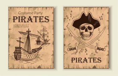 Korsanlı posterler. Kılıçlarla gemi ve kafatası çizmek. Doğum günü partisi için davetiyeli kartpostal. Deniz yolculuğu ve macera. Düz vektör koleksiyonu beyaz arkaplanda izole edildi