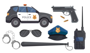 Polis unsurları ayarlandı. Silah, şapka, güneş gözlüğü, telsiz, kelepçe ve araba. Koruma ve güvenlik, güvenlik. Koruma ekipmanları. Düz vektör koleksiyonu beyaz arkaplanda izole edildi