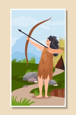 Tarih öncesi çağlar posteri. Yaylı kadın. Avcı ve keskin nişancı, okçu. Tarih ve paleontoloji. Web sitesi için grafik ögesi. Düz vektör çizimi bej arkaplanda izole edildi