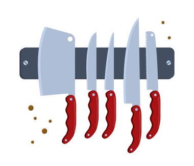 Yemek pişirme aletleri. Çok çeşitli bıçaklar. Mutfak için tabak ve sofra takımı. Paslanmaz ev aletleri. Yemek ve hazırlık. Düz vektör koleksiyonu beyaz arkaplanda izole edildi