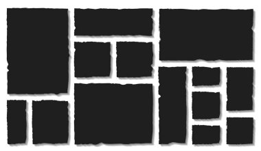 Bir dizi pürüzlü çerçeve. Grunge ve ditrty yırtılmış ve yırtılmış kağıt. Bir parça çarşaf. Sınırlar ve çerçeveler. Şablon ve düzen. Düz vektör koleksiyonu beyaz arkaplanda izole edildi