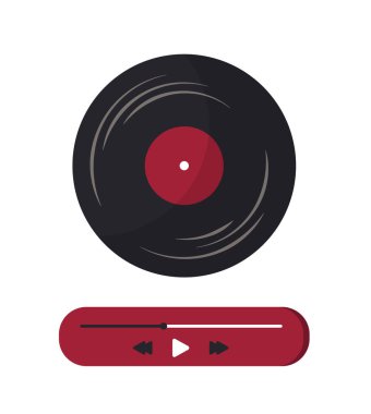 Bir müzik seti. Siyah vynil disk. Yaratıcılık ve sanat için ekipman. Favori şarkılar, melodiler ve çalma listeleri. Şablon ve düzen. Düz vektör çizimi beyaz arkaplanda izole edildi