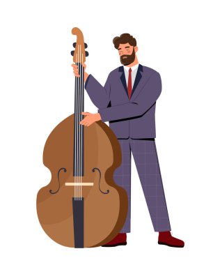 Bir müzik seti. Çift baslı adam. Yaratıcılık ve sanat için ekipman. Telli müzik aleti olan bir müzisyen. Şablon ve düzen. Düz vektör çizimi beyaz arkaplanda izole edildi