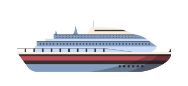Gemilerin elementleri. Büyük beyaz bir yolcu gemisi. Deniz yolculuğu ve seyahat. Gezi, tatil ve tatil. Nakliye, ulaşım ve lojistik. Düz vektör çizimi beyaz arkaplanda izole edildi