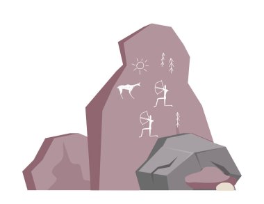 Taş Devri elementi. Taş ve kayada resim çizimleri. Paleontoloji, arkeoloji, tarih. Web sitesi için grafik ögesi. Düz vektör çizimi beyaz arkaplanda izole edildi