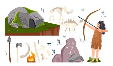 Taş devri seti. Yayı, mızrağı ve baltası olan ilkel bir kadın. Dişler, dişler, pençeler. Tarih öncesi dönem elementleri. Neandertal ve kabile insanı. Düz vektör koleksiyonu beyaz arkaplanda izole edildi