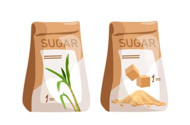Şeker kamışı ürün konsepti. Paket ve çuval şeker ve tatlı yiyecek. Doğal ve organik tatlı ürünler. Hasat ve ekin. Düz vektör çizimi beyaz arkaplanda izole edildi
