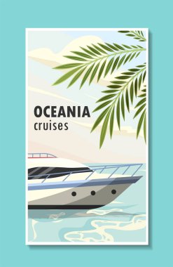 Yaz tatili posteri. Denizde ya da okyanusta seyir ve yolcu gemisi. Tatil ve tatil. Ada ve cennet. Broşür, broşür ve broşür. Düz vektör çizimi mavi arkaplanda izole edildi