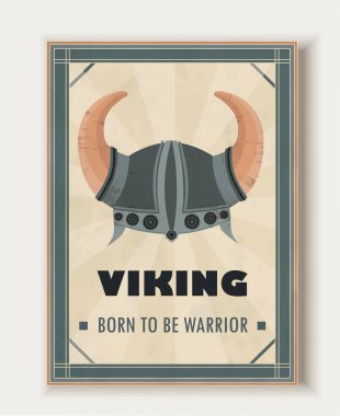 Ancient viking poster. Nordic or scandinavian helmet with horns. Culture, history and mythology. Barbarian and knight. Ancient celtic armor. Flat vector illustration isolated on white background clipart