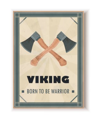 Eski Viking posteri. İskandinav ya da İskandinav baltaları. Kültür, tarih ve mitoloji. Barbar ve şövalye. Eski Kelt silahı. Düz vektör çizimi beyaz arkaplanda izole edildi