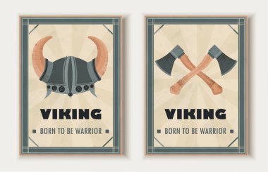 Viking posterleri. Boynuzlu miğfer ve iki balta. İskandinav Efsaneleri ve Mitolojisi. İskandinav ve barbar kültürü. Broşür ve kitapçık. Düz vektör koleksiyonu beyaz arkaplanda izole edildi