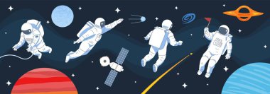 Astronotlar uzayda uçuyor. Yıldızlar, gezegenler, kuyrukluyıldızlar ve uydular arasında uçan uzay giysili uzay adamlarının olduğu yatay bir pankart. Kozmos ve astronomi. Çizgi film düz vektör çizimi
