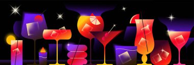 Gece partisi afişi. Renkli kokteylli Geometrik poster, alkollü içecekler ve içeceklerle dolu bardaklar. Kafe veya bar menüsü için tasarım ögesi. Soyut gradyan vektör çizimi