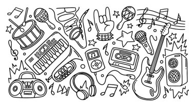Müzik karalama ikonları. Müzik aletleri, gitar, davul, teyp, kulaklık ve mikrofon olan çizimler. Arka planda el çizimi vektör illüstrasyon koleksiyonu izole edildi