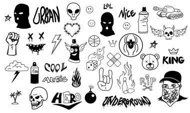 Graffiti çıkartma seti. Siyah ve beyaz sokak sanat simgeleri. Koyu grunge stili dövmeleri var. Kar maskeli etiketler, harfler ve sprey boyalar. El çizimi vektör çizimi arkaplanda izole edildi