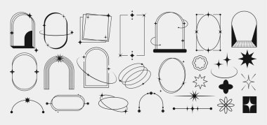 Estetik doğrusal tasarım elementleri. Boho tarzında çerçeveleri, sınırları, kemerleri ve yıldızları olan minimalist geometrik simgeler. Posterler için semboller. Taslak vektör illüstrasyon koleksiyonu arkaplanda izole edildi