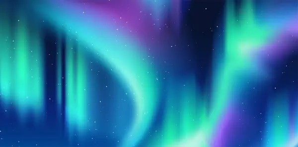 Kuzey ışıkları. Yıldızlı gece gökyüzü ve Aurora Borealis 'in parlak parıltısıyla manzara. Kuzey kutbunun atmosferik fenomeni. Güzel mavi ve mor ışıklar. Gerçekçi gradyan vektör çizimi
