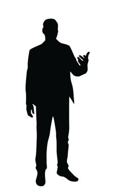 Takım elbiseli bir adamın silueti beyaz arka planda minimalist siyah grafik tarzı bir jest yapıyor. İletişim ya da topluluk önünde konuşma kavramı. Vektör illüstrasyonu
