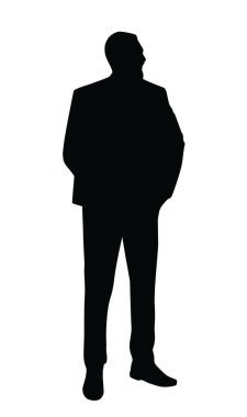 Takım elbiseli bir adamın silueti. Bir eli cebinde, beyaz arka planda düz grafik tarzı. Profesyonellik kavramı. Vektör illüstrasyonu
