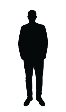 Elleri ceplerinde, minimal siyah grafik tarzında beyaz arka planda soyutlanmış bir adamın silueti. Anonimlik ve gizem kavramı. Vektör illüstrasyonu