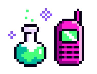 Pikseldeki yeşil bir iksir ve pembe bir eski model cep telefonunun piksel sanatı, beyaz bir arka plana yerleştirilmiş, parıltılı, sihirli ve teknolojik füzyonu sembolize ediyor. Vektör illüstrasyonu