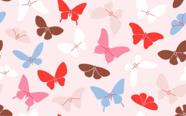 Pembe, kırmızı, mavi, kahverengi ve beyaz gölgeli çok renkli kelebekler yumuşak pembe arka planda sıralanmıştır. İlkbahar veya doğa temaları için vektör illüstrasyonu