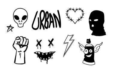 Uzaylı kafası, graffiti metni, dikenli kalp, kar maskesi, kar maskesi, yumruk kaldırma ve beyaz arka plana sprey boyayı içeren sokak sanatının simgelerinden oluşan bir set. Vektör illüstrasyonu
