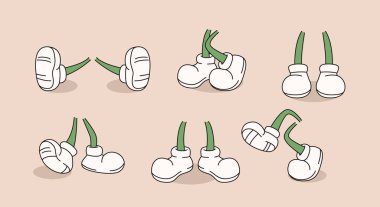 Çizgi film tarzı yeşil bacaklar, çeşitli yürüyüşlerde ve ayakta duran beyaz ayakkabılar, yumuşak bej bir arka planda. Animasyon elementleri kavramı. Vektör illüstrasyonu