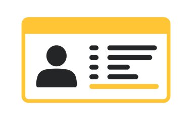 Kullanıcı silueti ve metin satırlarına sahip düz stil kimlik kartı simgesi, sarı aksanlı temiz beyaz arkaplanda gösterilir, kimlik ve yetkilendirmeyi sembolize eder. Vektör illüstrasyonu