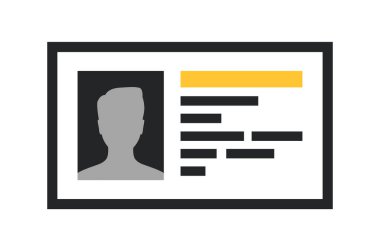 Beyaz arka planda bir profil siluetini, metin bloklarını ve sarı gölgeyi gösteren bir kimlik kartının stilize edilmiş düz simgesi. Kimlik doğrulama kavramı. Vektör illüstrasyonu