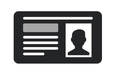 Profil silueti ve beyaz arkaplanda gösterilen metni temsil eden satırları içeren bir kimlik kartının minimalist siyah simgesi. Kimlik ve yetki kavramı. Vektör illüstrasyonu