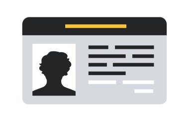 Işık arkaplan üzerinde siyah siluet, metin satırları ve veri alanlarının olduğu kimlik kartı düzeni, kimlik, kimlik ve kişisel bilgileri sembolize eder. Vektör illüstrasyonu